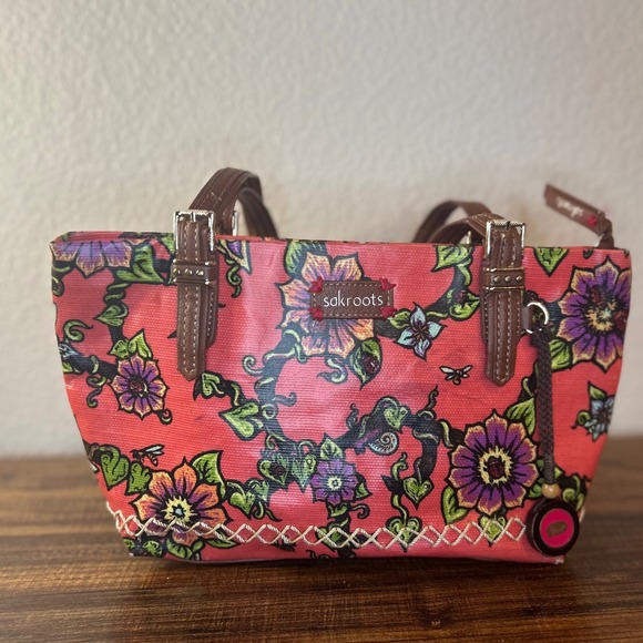 Sakroots Floral Tote Bag Coral Multi Color Leather Trim‎ Small Shoulder Bag - Picture 3 of 8
